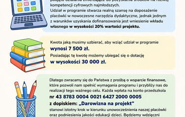 Plakat z prośbą o wsparcie finansowe na rzecz wkładu własnego w realizacji projektu "Cyfrowy uczeń"