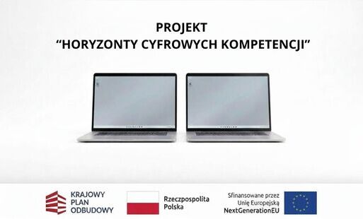 Plakat z dwoma laptopami i logo projektu "Horyzonty Cyfrowych Kompetencji"